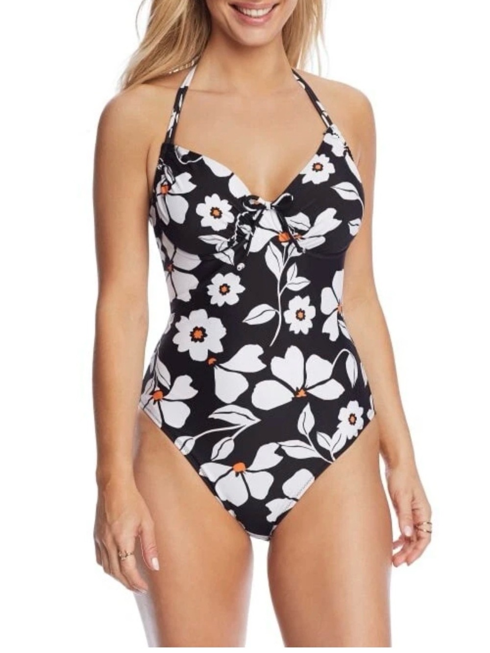 Pour Moi BLACK/WHITE Palermo Halter One Piece Daisy Swimsuit, US 34DDD/F, UK 34E